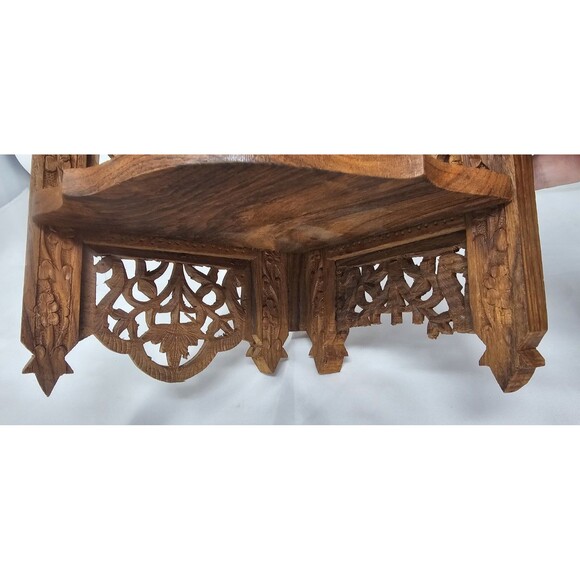 Vintage 16” Hand Carved Wood Folding Corner Display Shelf 2 Tier Owl India - Picture 6 of 16